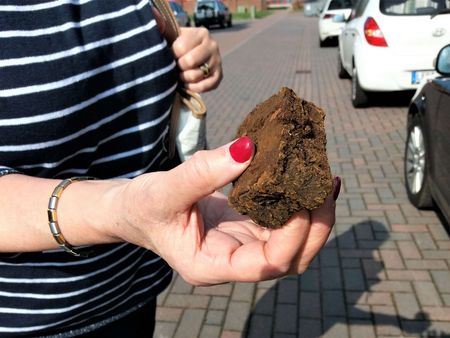 Ein Stück braunes Raseneisenerz wird in einer Hand festgehalten