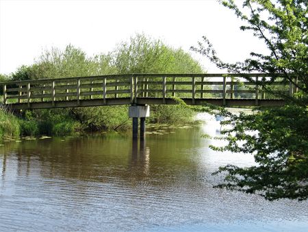 Eine Holzbrücke überspannt einen Fluss