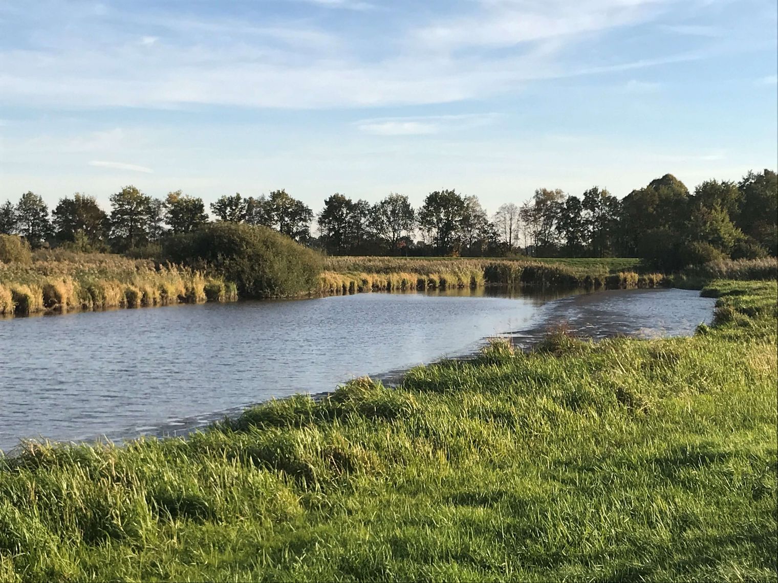 Blauer Fluss zieht duch grüne Landschaft mit Deichen