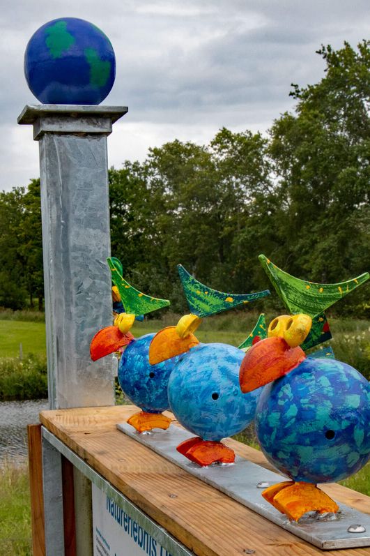 4 bunte Stahlvögel sitzen auf einem Holzbalken. Im Hintergrund ist eine grüne Landschaft.