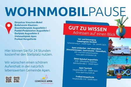Infografik „Wohnmobilpause“ der Gemeinde Apen mit einer Liste kostenloser 24-Stunden-Stellplätze (u. a. Eisenhüttenplatz und Freibad Hengstforde) sowie wichtigen Service-Adressen für Ver- und Entsorgung, Touristik und ÖPNV.